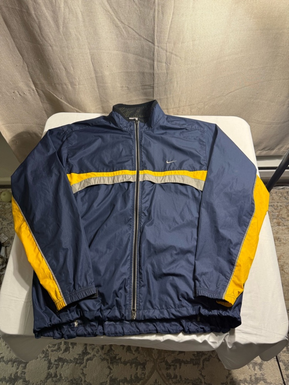 Nike Men's Navy Windbreaker with Yellow & Gray Stripes